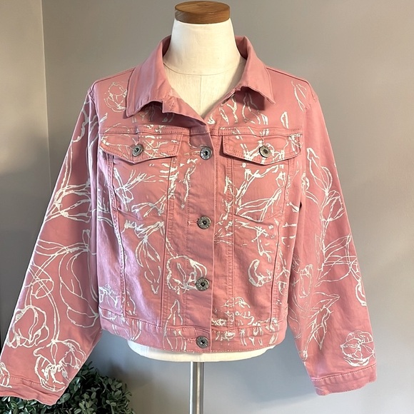 ASHLEY STEWART metallic foil floral etching /pink cropped trucker jacket 10/12 - Picture 1 of 13